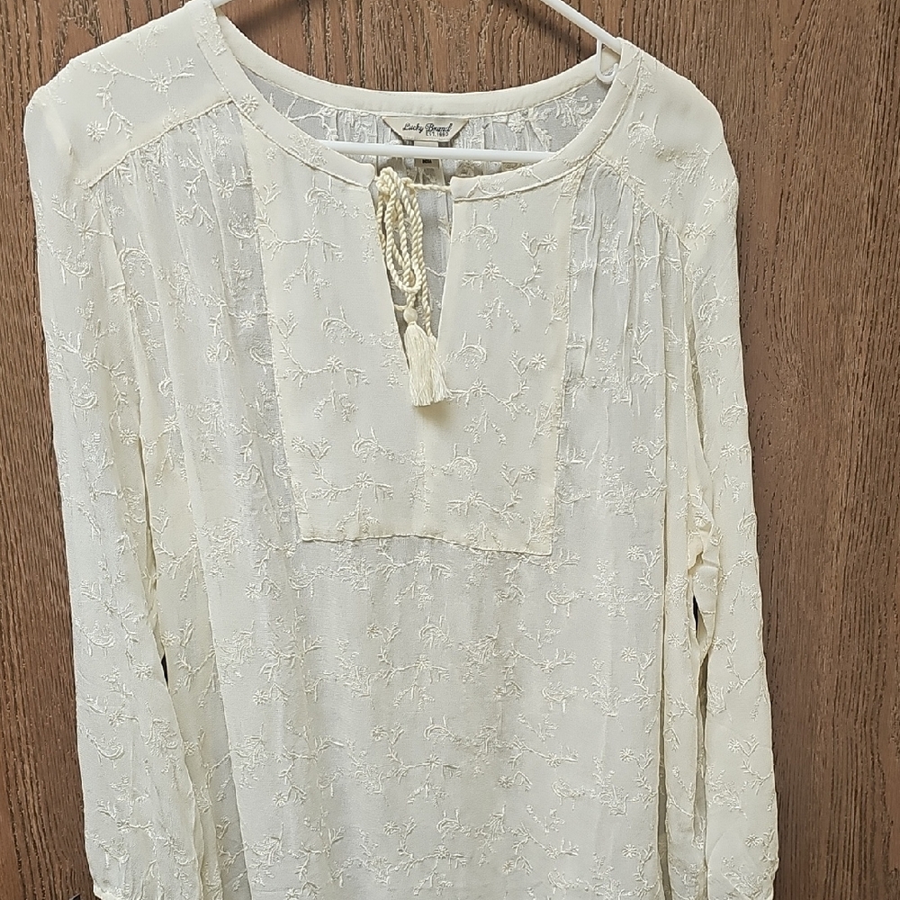 Lucky Brand Cream Embroidered Tassel Peasant Tunic